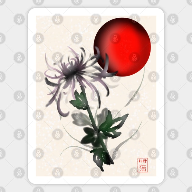 Sumi-e chrysanthemum with a red rising sun Magnet by cuisinecat